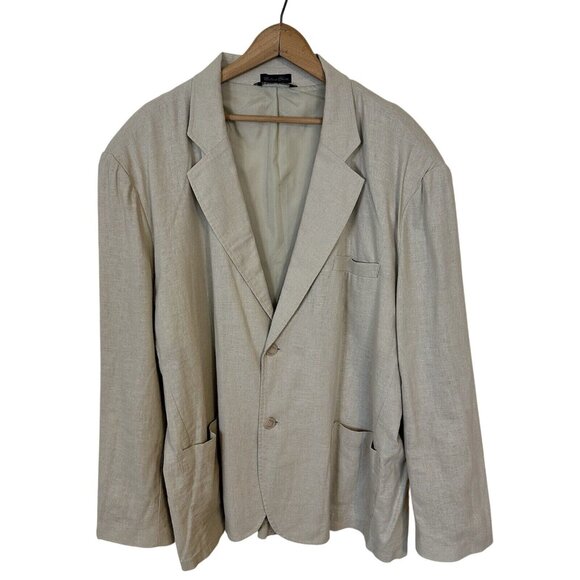 Andrew Fezza Mens Tan Beige Linen Blazer Size XL 44 Lightweight 2 Button Pockets - Picture 1 of 12